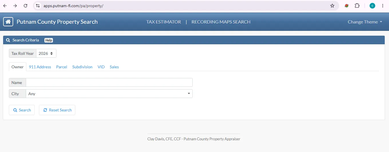 Putnam County property search portal with owner address parcel and sales search options